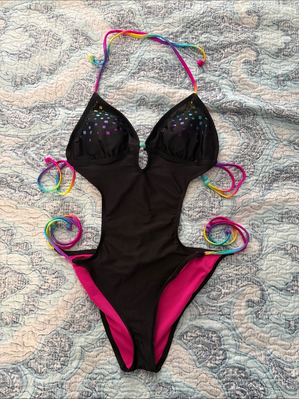 Joe Boxer Black and Pink One-Piece Swimsuit with Rainbow Ties